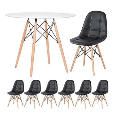 Imagem de Loft7, Kit Mesa Eames 90 cm branco + 6 cadeiras estofadas Eiffel Botonê preto