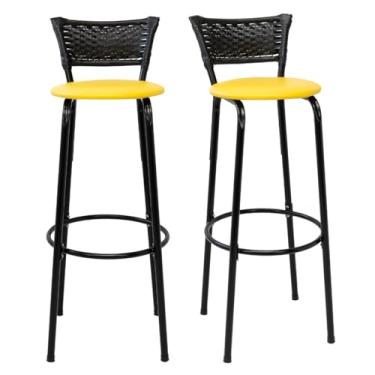 Imagem de Kit 2 Banquetas Altas 80cm Estrutura Preta Encosto Junco Preto Ideal Bancada Cozinha Americana Bares Balcão Ilha Área Gourmet Piscina Itagold (Assento Amarelo)
