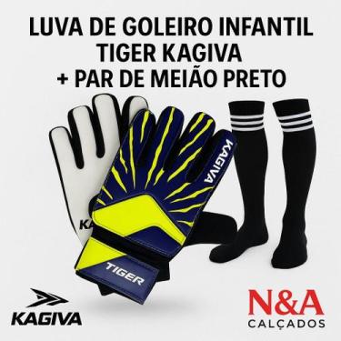 Imagem de Luva de Goleiro Infantil Kagiva Tiger Par de Meião Preto  Kit Futebol 