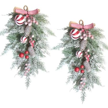 Imagem de egolot 2 peças de guirlanda de gota de pinheiro fosco de 50,8 cm para porta da frente, brindes de Natal com bolas brancas vermelhas e frutas vermelhas para ambientes internos e externos, decoração de