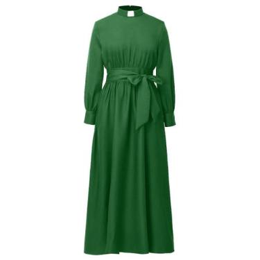 Imagem de Vestido Clergy CAMDOM A Line Maxi com gola alta e cinto verde
