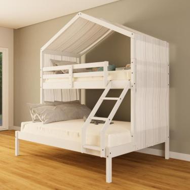 Imagem de Beliche Casal/ Solteiro Casinha com Cortina Madeira Maciça Branco Megamobilia