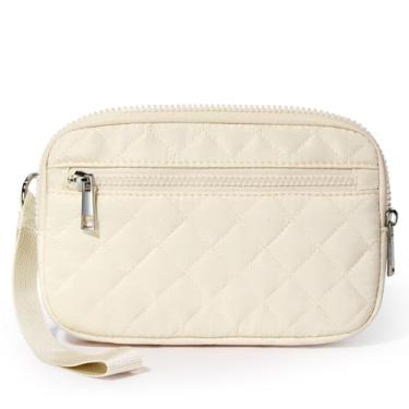 Imagem de DIXEIGHT Carteira de pulso feminina com porta-cartão RFID de 20 cm, bolsa pequena com 3 zíperes, bolsa clutch de nylon acolchoada para viagem diária, Bege