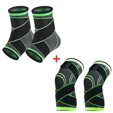 Imagem de Kit Par Tornozeleira Ortopédica Ajustável + Par Joelheira Protetora Articulada Faixa Ajustável ível Preto