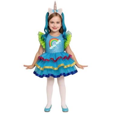 Imagem de Kit Fantasia Menina Unicórnio Vestido Tiara Brilho Luxo Criança Festa 