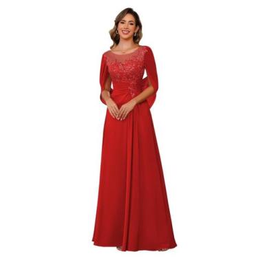 Imagem de Vestido RUMUGUYA Mãe da Noiva: Lace A Line, Chiffon, Vermelho