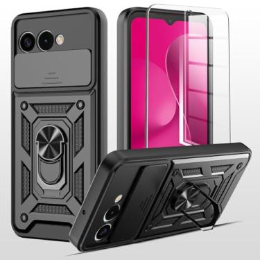 Imagem de Capa T-Mobile Revvl 8 TMRV085G com capa deslizante para câmera + protetor de tela de vidro temperado à prova de choque resistente [grau militar] capa de telefone resistente com suporte (preto)