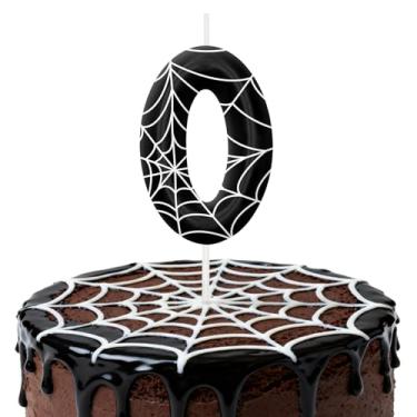 Imagem de Velas de aniversário pretas e brancas para bolo, velas número 0, decorações de aniversário, suprimentos de festa, topo de bolo de teia de aranha para decoração de festa temática para meninos e meninas