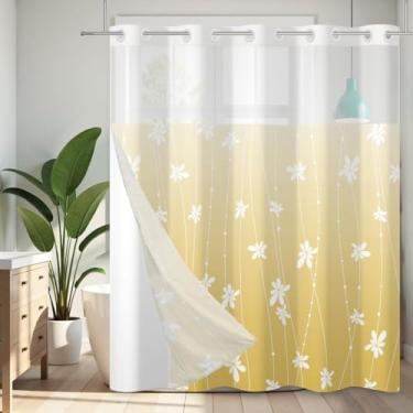 Imagem de GICDSU Cortina de chuveiro sem gancho com forro de encaixe, conjunto de cortina de chuveiro impermeável e lavável, cortinas de chuveiro transparentes para decoração de banheiro, amarelo, 150 cm L x