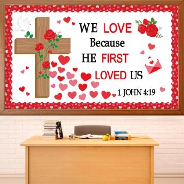 Imagem de Conjunto de quadro de avisos cristão para o Dia dos Namorados, versículo da Bíblia religiosa, decoração de sala de aula, recortes de papel com cruz de Jesus, rosa, coração, quadro de avisos, borda