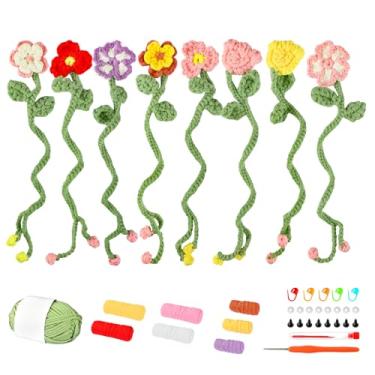 Imagem de Inawenxlg Kit de crochê para iniciantes – Faça 8 marcadores de livros de flores com fio macio, gancho e tutoriais em vídeo – Presente de artesanato DIY para mulheres, meninas, adolescentes e crianças