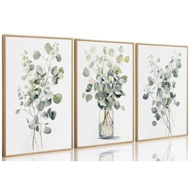 Imagem de 3 peças de arte de parede em tela botânica verde sálvia folhas de eucalipto pintura imagem decoração de parede planta aquarela pôster impressão arte para sala de estar quarto banheiro decoração de