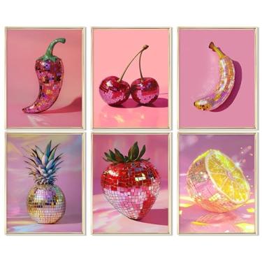 Imagem de 6 peças de arte de parede de bola de discoteca rosa moderna arte de parede de frutas descoladas decoração de parede estética estética coquete pôster arte para quarto feminino dormitório cozinha