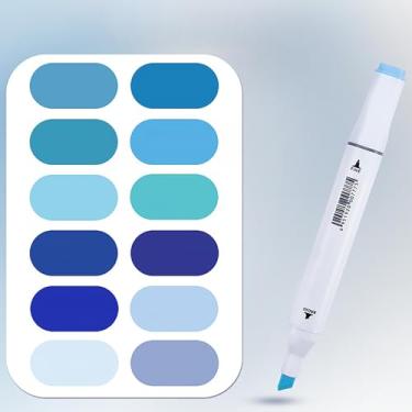 Imagem de Liulich 12 peças de marcadores de álcool série de cores puras, conjunto de marcadores de cor sólida de ponta dupla para adultos desenho iniciante esboço (azul)