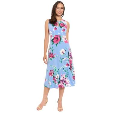 Imagem de London Times Vestido midi feminino sem mangas com gola redonda e flare - Vestidos de convidados de casamento, Céu/rosa, 42