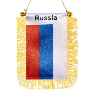 Imagem de JBSJBS Bandeira pendurada da Rússia mini bandeiras de janela de carro russos pequenos banners decoração espelho retrovisor bandeiras da Rússia com ventosa franjas douradas dupla face 7,6 x 12,7 cm