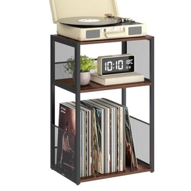 Imagem de VASAGLE Suporte para toca-discos, mesa lateral de 3 camadas, armazenamento de discos de vinil de até 100 álbuns, mesa de canto para sala de estar, quarto, nogueira natural ULET275K02