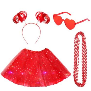 Imagem de Panitay Conjunto de 9 peças de fantasia de saia de LED para mulheres, saia tutu de tule iluminada, pompom, rabo de cavalo, óculos de sol de coração (pequeno, vermelho)