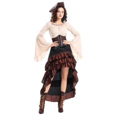 Imagem de Seasons Conjunto de fantasia de pirata para mulheres, 4 peças de vestido e chapéu da Renascença, roupa de Halloween (marrom, G)