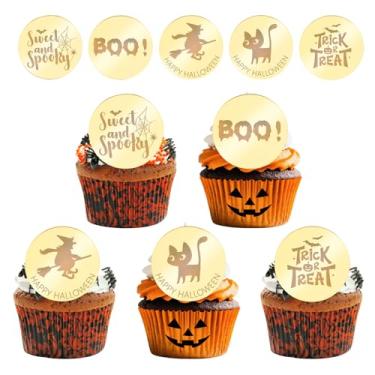 Imagem de Wolpark 20 peças de enfeite de cupcake acrílico espelhado dourado de Halloween palhetas de bolo gravadas em acrílico disco de cupcake gato bruxa para crianças temáticas de Halloween suprimentos de