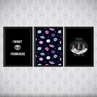 Imagem de Kit 3 Quadros I Believe Ovnis 45X34Cm Moldura Preta - Quadros On-Line