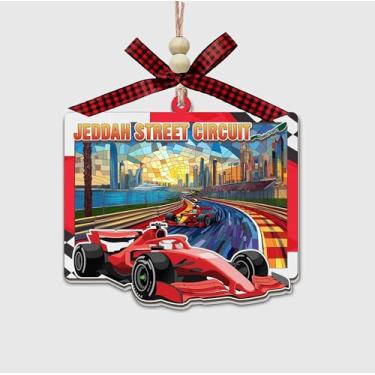 Imagem de Enfeite de corrida inspirado na fórmula Jeddah Street Circuit Arábia Saudita, design de pista de vitral de madeira e acrílico, decoração de carro suspenso ou árvore de Natal - presente para amantes de