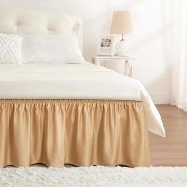 Imagem de RIMELA Saia para cama queen size champanhe dourado 38 cm, saia de cama elástica, babados, para base de cama ajustável, tecido macio e durável, lavável na máquina, fácil de instalar, saias de cama
