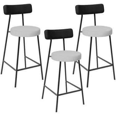 Imagem de Kit 03 Banquetas Baixa Bar Cozinha Sala Jantar Milão L02 Couríssimo Preto Linho Cinza - Lyam Decor
