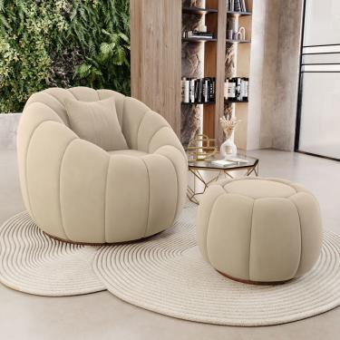 Imagem de Poltrona Decorativa Concha Giratória Com Puff Estilo Abóbora Shell Veludo Bege - Desk Design