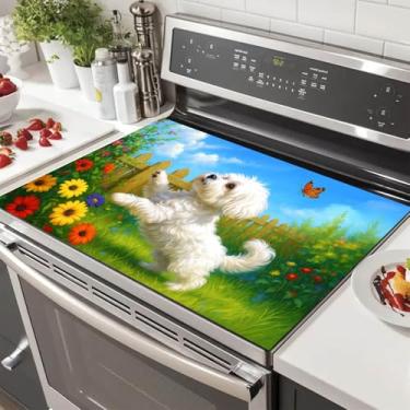 Imagem de HOMETITUTE Capas superiores de fogão para fogão elétrico 71 x 50 cm design de cachorro capa decorativa de vidro superior protetor de diatomita capa de fogão decorativo tapete de cozinha para bancadas