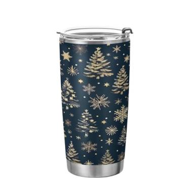 Imagem de YETTASBIN Copo de árvore de Natal com tampa de palha, copo de aço inoxidável de 590 ml, parede dupla, isolada a vácuo, caneca de café de viagem para bebidas quentes e frias