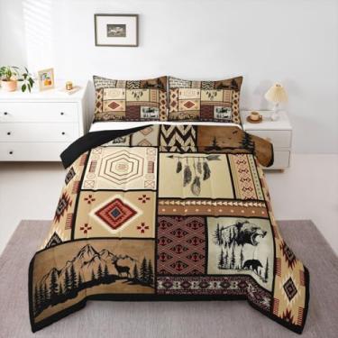 Imagem de Feelyou Conjunto de edredom rústico com urso, cabana de fazenda, caça, veado, para todas as estações, com 2 fronhas, retrô, boêmia, microfibra, roupa de cama casal, edredom