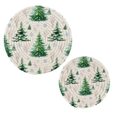 Imagem de Wassud Conjunto de trivet de pinheiros de Natal para pratos quentes, suportes redondos de algodão, almofadas quentes, porta-copos elegantes, decoração de cozinha e acessórios, 2 peças