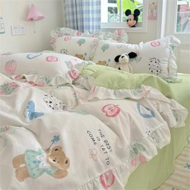 Imagem de Conjunto de capa de edredom de renda com 4 peças (1 capa de edredom + 1 lençol plano + 2 fronhas, sem núcleo), conjunto de cama com estampa de flores frescas, tule de duas camadas, renda de quatro