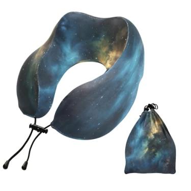 Imagem de CEBUGI Travesseiros de viagem portáteis em forma de U, travesseiro de pescoço de espuma viscoelástica com trava de corda ajustável para avião, viagem, trem, negócios, escritório, soneca (céu estrelado