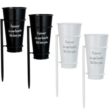 Imagem de Vasos de cemitério com pontas, suporte de flores de túmulo de metal com orifícios de drenagem para decorações de lápide de sepultura de funeral de flores artificiais (4 peças), flores não incluídas