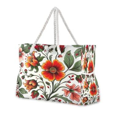 Imagem de Wassud Bolsa de praia vermelha, estampa floral, grande, para mulheres, impermeável, à prova de areia, bolsa de viagem com zíper e bolso para piscina, academia, acampamento