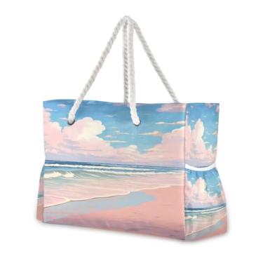 Imagem de Wassud Bolsa de praia de verão rosa grande bolsa de praia para mulheres, impermeável, à prova de areia, bolsa de viagem com zíper e bolso para piscina, academia, acampamento