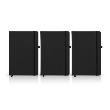 Imagem de Caderno de anotações com elástico no tamanho A5, suporte para caneta, capa dura em material sintético, miolo 80 folhas pautadas na cor bege. Caderno A5 Capa em PU (21x14,5) (3, Preto)