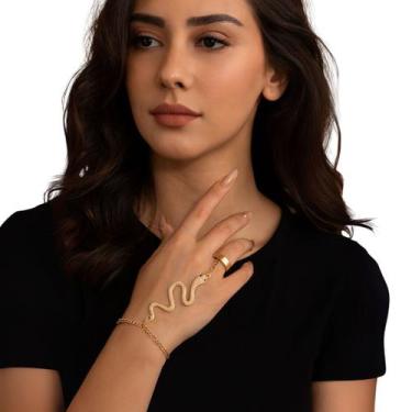 Imagem de Pulseira com Anel Dourada Cobra Estilo Festa Elegante Luxo - anjo da m