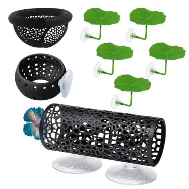 Imagem de ZHLKHIOP Conjunto de 8 peças com 3 folhas de descanso e 5 folhas decorativas, rede Betta, rede para peixes Betta, decoração de aquário beta, acessórios de aquário de plástico