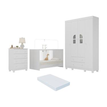 Imagem de Quarto De Bebê Completo Com Berço 3 Em 1 Com Colchão Incluso Nina Multimóveis MP4570 Branco