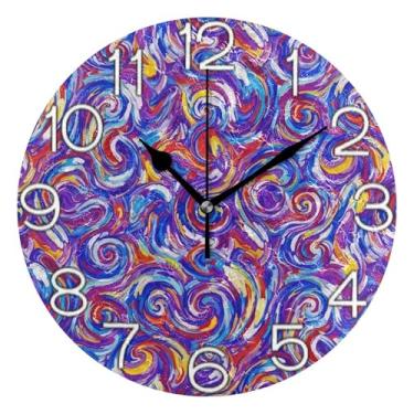Imagem de GAIGEO Relógio de parede analógico decorativo redondo sem tique-taque silencioso relógio de cozinha fofo, arte de parede boho, decoração de casa, pincel abstrato, azul vibrante, branco, 25 cm