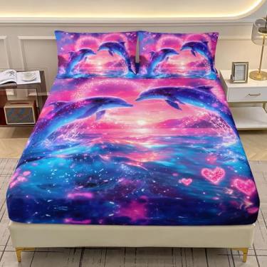 Imagem de AILONEN Jogo de lençol solteiro de golfinho pulando, tamanho GG, com 2 fronhas, lindo oceano azul golfinho, lençol com elástico macio para quarto, 3 peças, microfibra macia