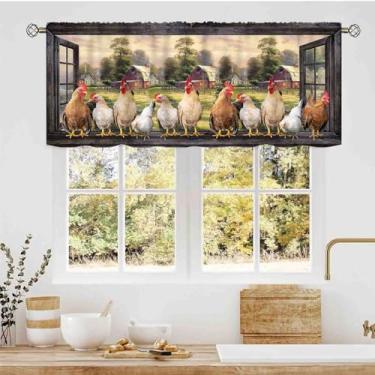 Imagem de Cortinas de cozinha de galo, fazenda, campo, fazenda, animal, galinha, rural, rústica, retrô, para varão, bolso para varão, janela, para cozinha, café, sala de estar, quarto, armário, banheiro, 137 x