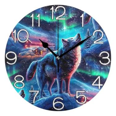 Imagem de GAIGEO Relógio de parede analógico decorativo divertido alimentado por bateria relógio de sala de aula, decoração de parede vintage, sala de estar, arte de inverno com lobos nevados, 25 cm, ponteiros