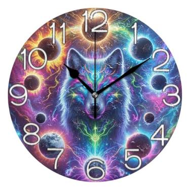 Imagem de GAIGEO Relógio de parede analógico mágico colorido lobo decorativo relógio de cozinha bonito operado por bateria silencioso, decoração de parede vintage sala de estar, 25 cm, ponteiros pretos