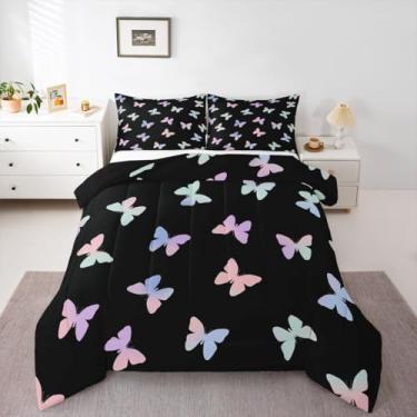 Imagem de Erosebridal Jogo de cama solteiro com borboleta, rosa, roxo, borboletas, quarto de crianças, adolescentes, mulheres, adultos, preto, aquarela, estética