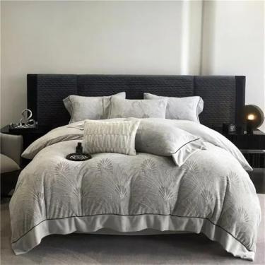 Imagem de Conjunto de cama Queen Style, roupa de cama macia, capa de edredom de inverno, lençóis duplos, edredom com borda larga, cinza, tamanho Queen, 4 peças