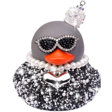 Imagem de CoFuBcad Ornamentos de carro de pato de borracha de strass grandes de 8,5 cm, decorações de painel de carro de patos de diamante brilhante com coroa de corrente de pérolas, óculos de sol, festa de